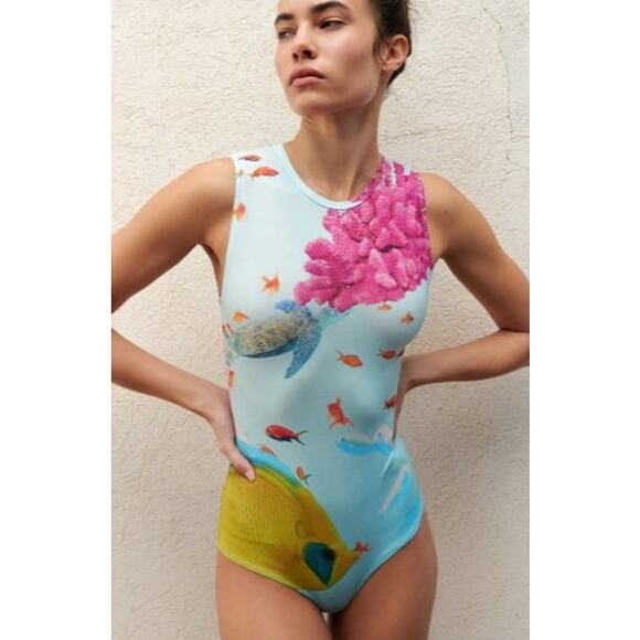 Zara Blue & Pink Ocean Coral & Fish Print Bodysuit Top Size Small Sleeveless - Picture 1 of 7
